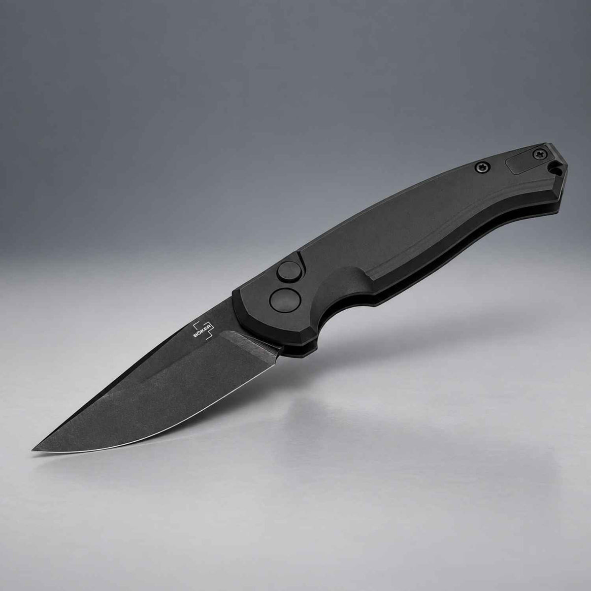 Böker Plus Karakurt All Black automatic knife 01BO365 with open 154CM clip-point blade in studio view