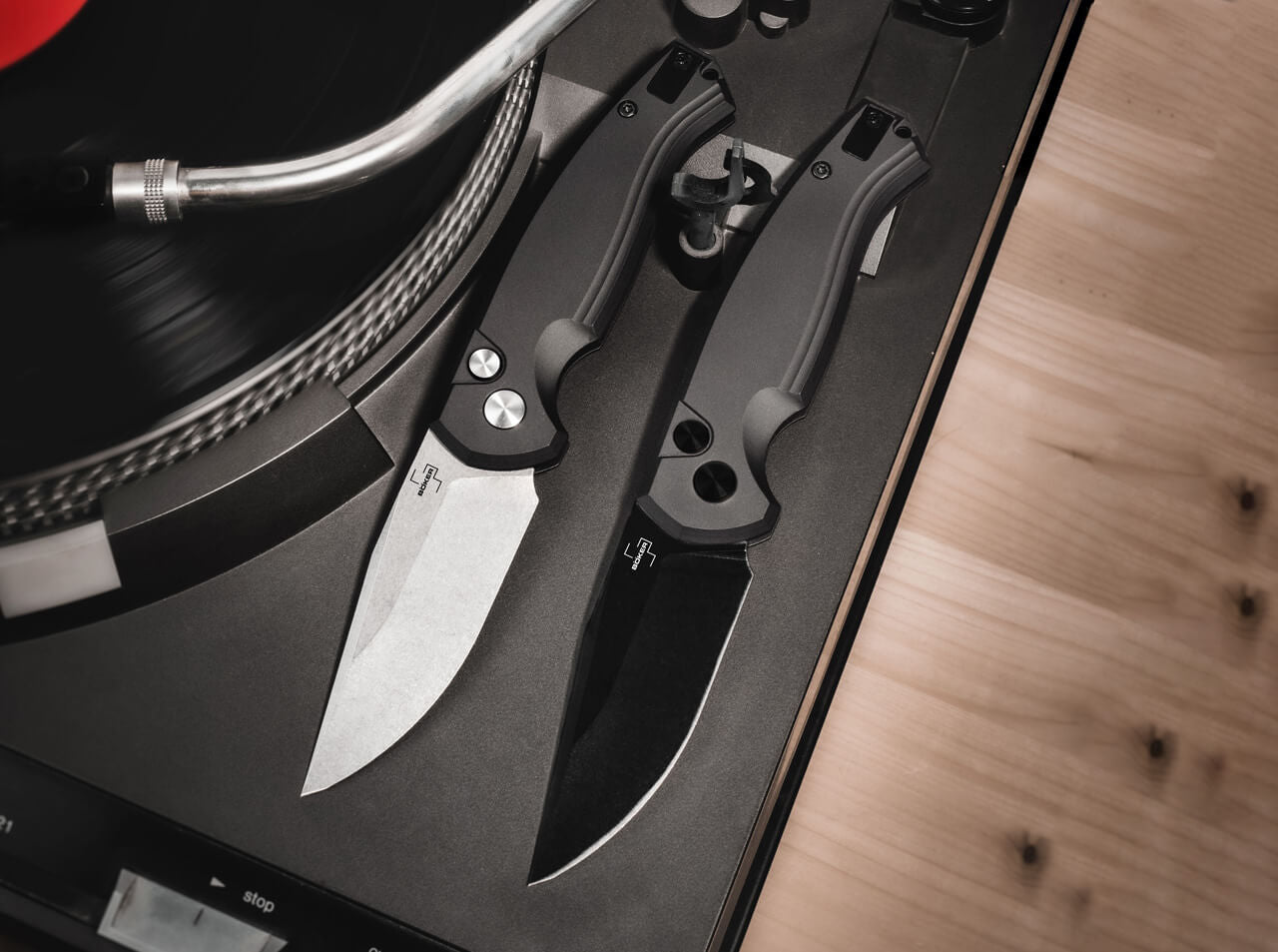 Böker Plus Karakurt All Black 01BO365 black automatic folding knife shown open on white