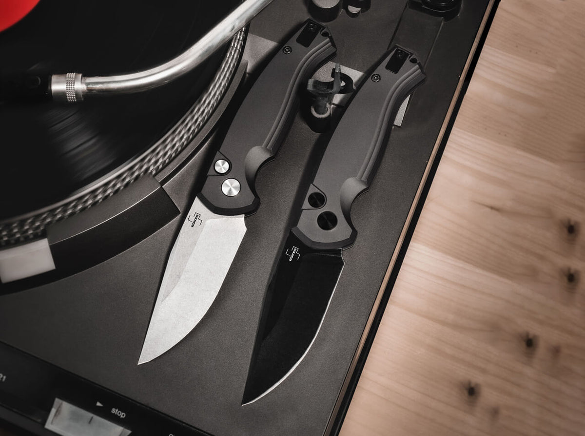 Böker Plus Karakurt All Black 01BO365 black automatic folding knife shown open on white