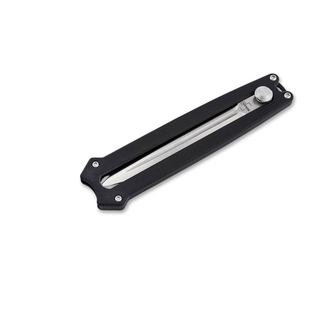 Böker Plus Slike closed for carry, dagger blade fully retracted inside the black G10 frame