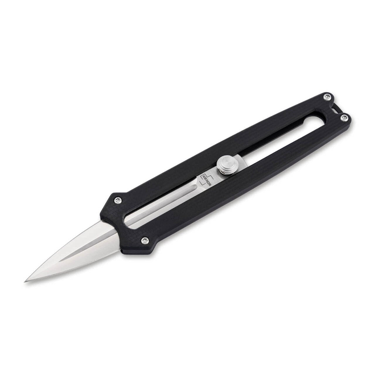 Böker Plus Slike blade held at the halfway detent with the push-button lock in the slide track