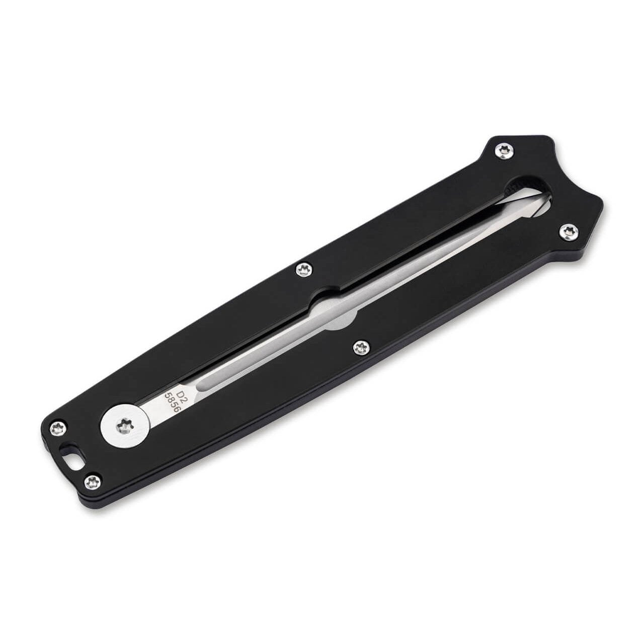 Böker Plus Slike reverse side, blade retracted, D2 steel marking visible through the G10 handle window
