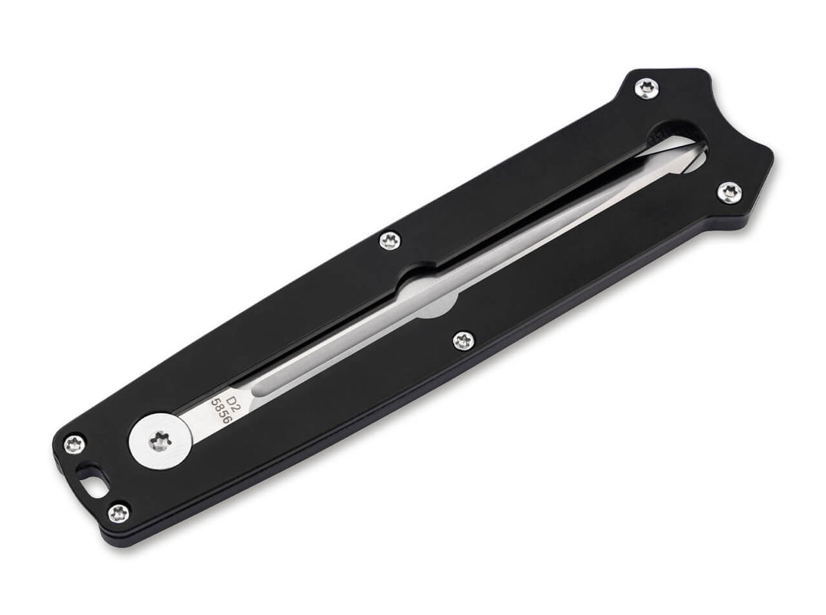Böker Plus Slike reverse side, blade retracted, D2 steel marking visible through the G10 handle window
