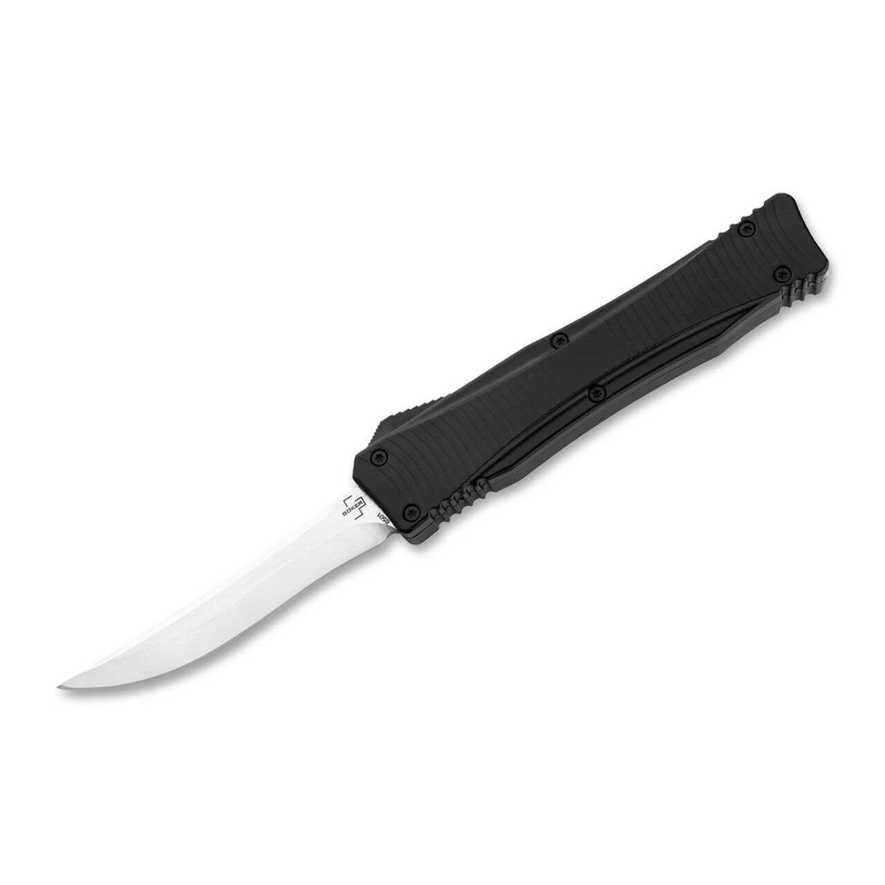 Böker Plus Eagle D2 2.0 OTF automatic knife with satin recurve blade deployed and black handle
