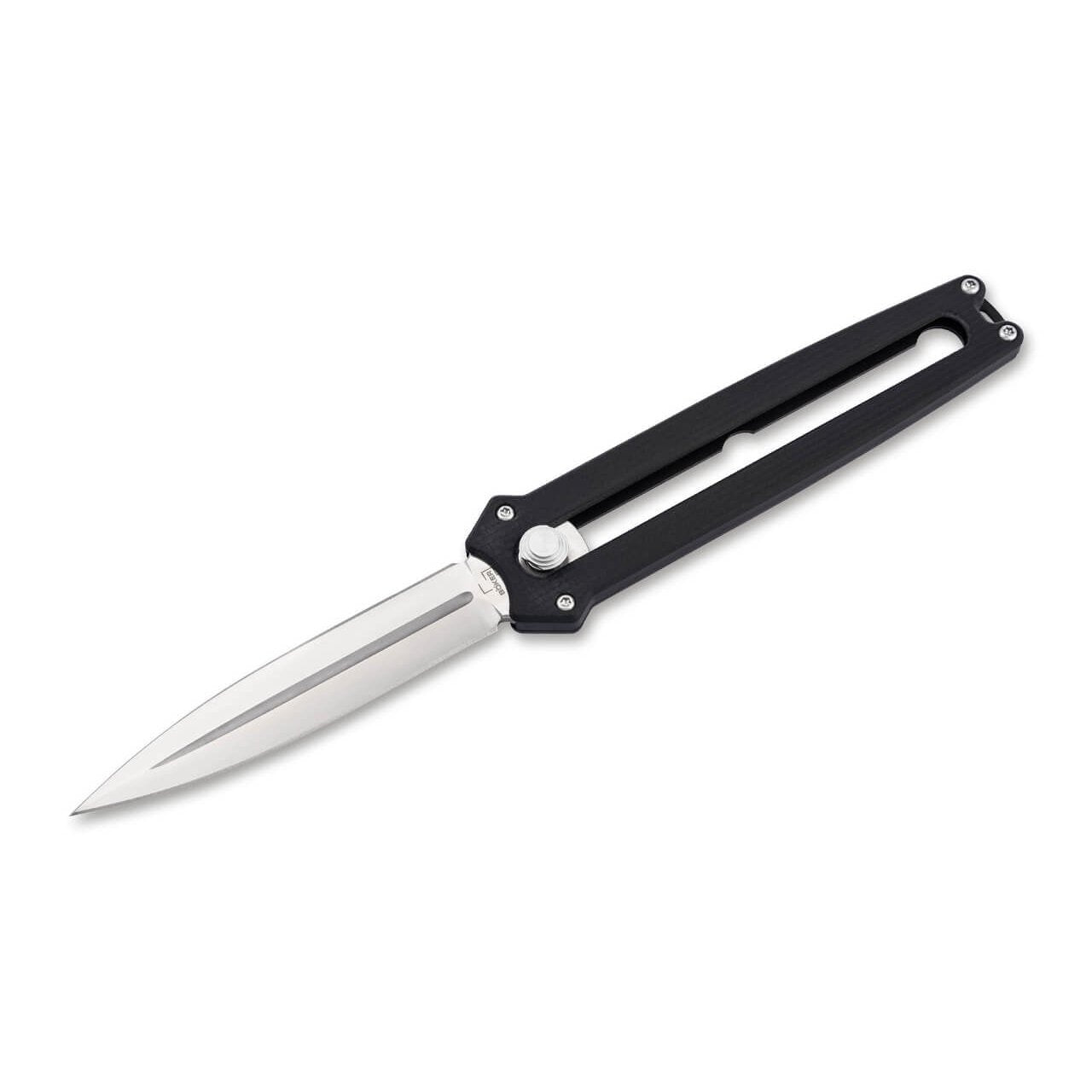Böker Plus Slike 01BO411 manual OTF dagger with double-edged D2 blade extended and black G10 handle