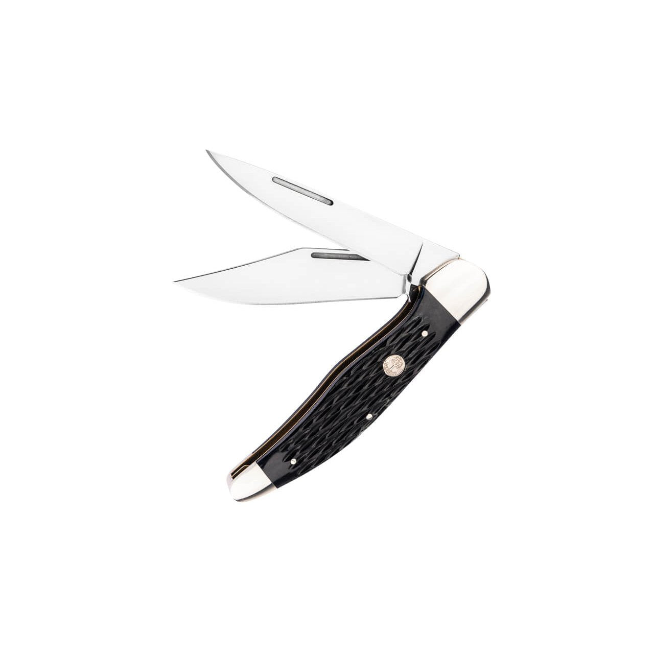Boker Treebrand Folding Hunter with both 1095 carbon steel blades raised and nickel silver bolsters