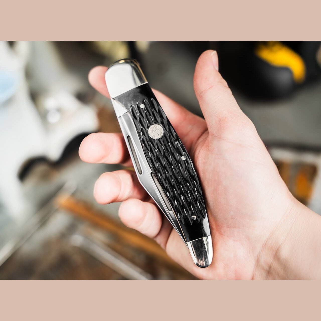 Closed Boker Treebrand Folding Hunter held in hand, showing the black jigged bone handle and tree brand shield