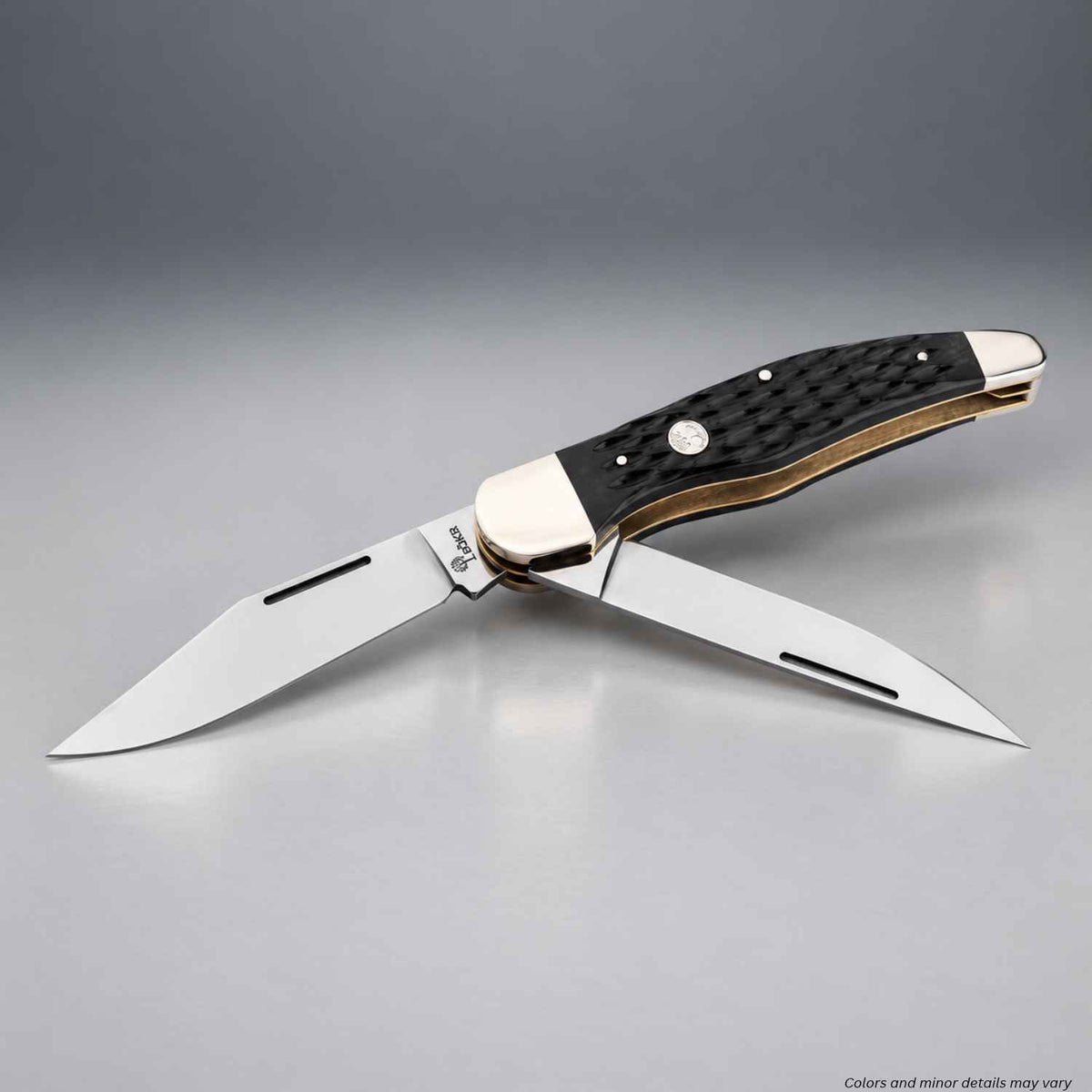 Boker Treebrand 1095 Folding Hunter 110884 with clip point and straight-back blades open and black jigged bone handle