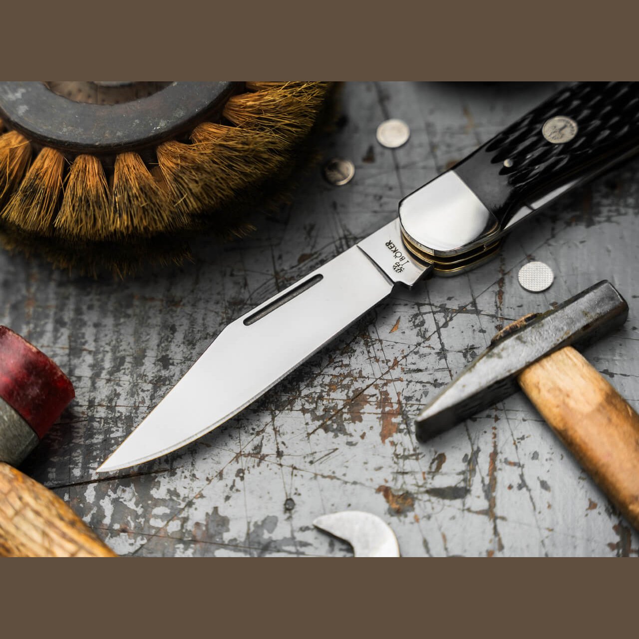 Clip point blade of the Boker Treebrand Folding Hunter with Boker tang stamp and nickel silver bolster