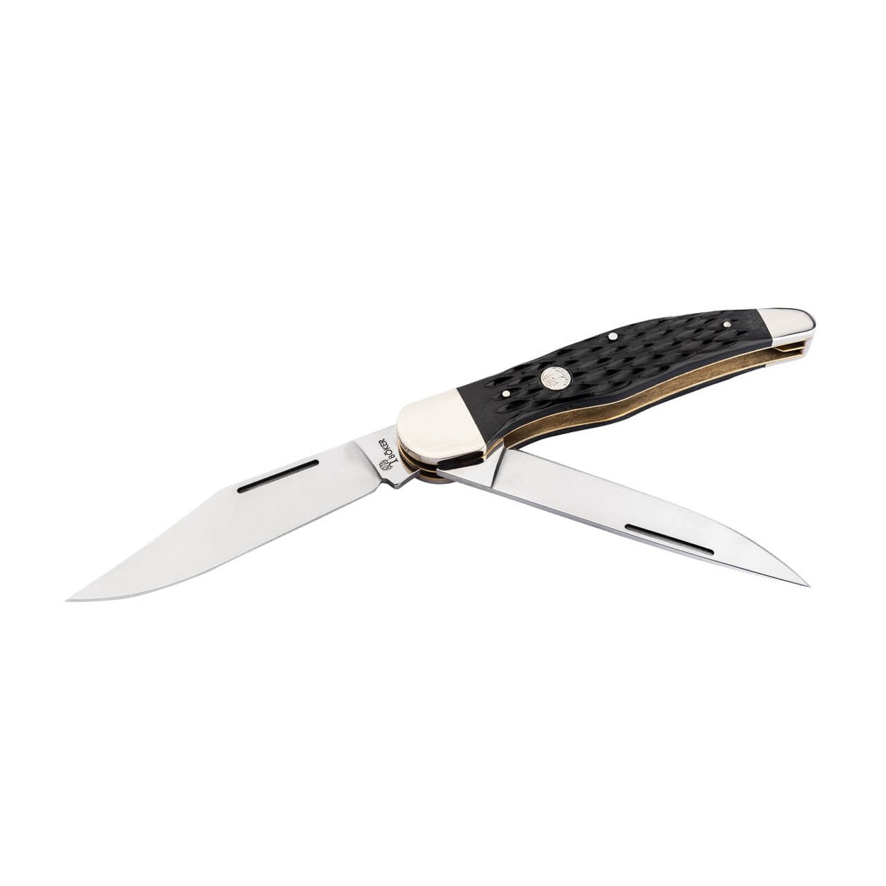 Boker Treebrand 1095 Folding Hunter 110884 with black jigged bone handle and both blades open