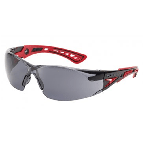 Bollé RUSH Safety Glasses with panoramic vision, non-slip temples, and adjustable bridge, available in various lens options.