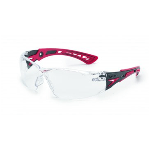 Bollé RUSH Safety Glasses in sleek black and red design, offering panoramic vision and adjustable non-slip features.