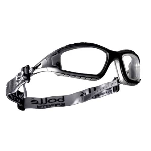 Bollé TRACKER Safety Glasses with adjustable strap for secure, comfortable fit and full wrap-around protection.