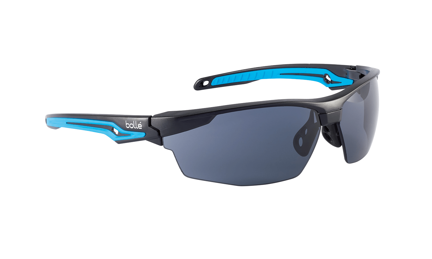 Bollé Tryon sporty safety spectacles with ultra-wrap-around design and blue accents for style and protection.