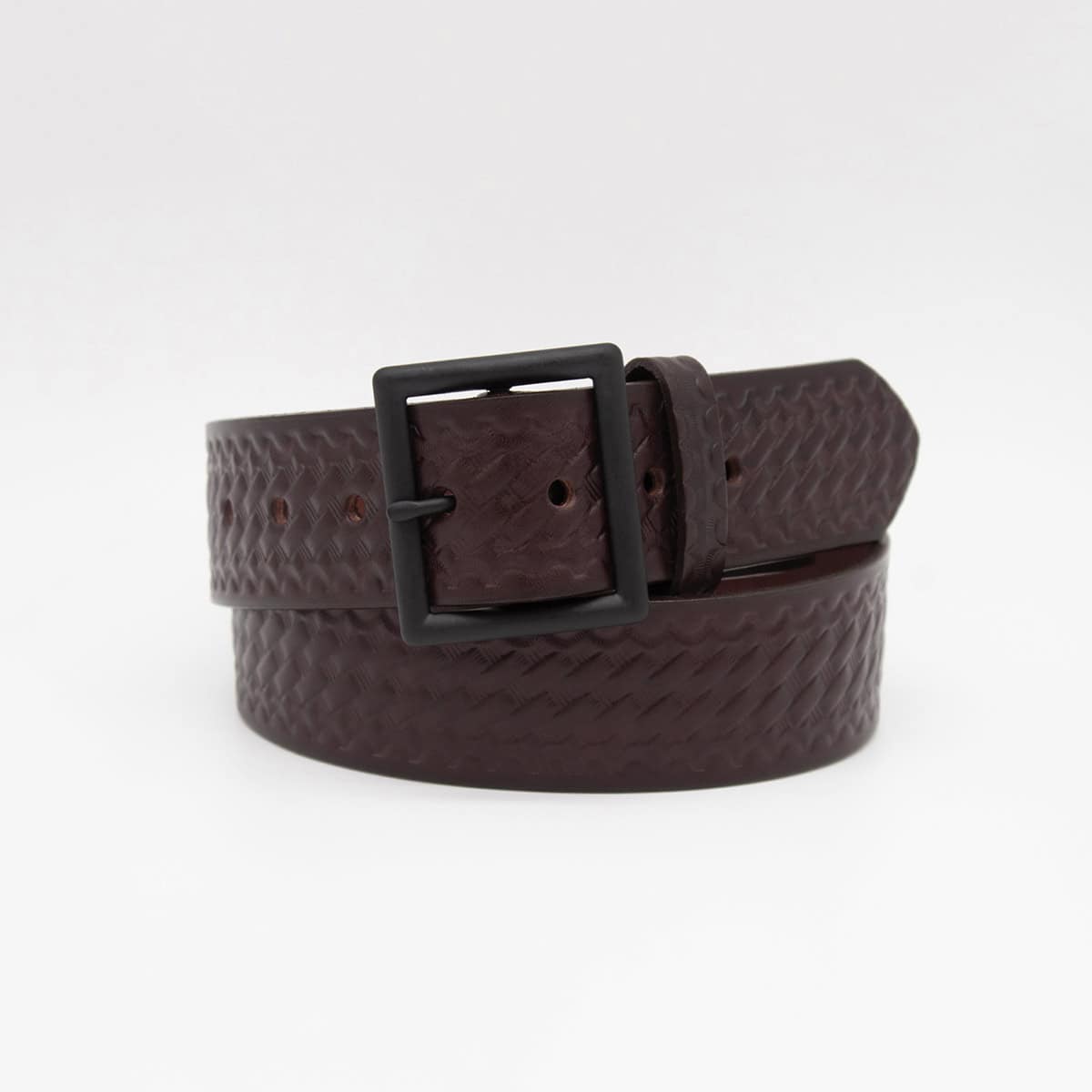 A dark brown woven leather belt with a matte black metal buckle, coiled on a light gray background.