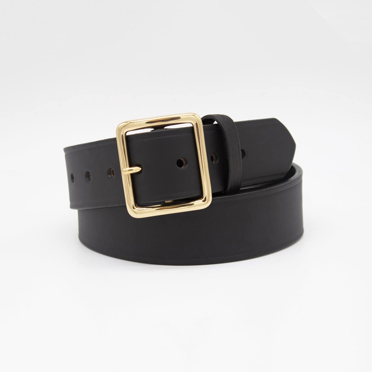 A black leather belt with a polished gold square buckle, neatly coiled on a clean white background.