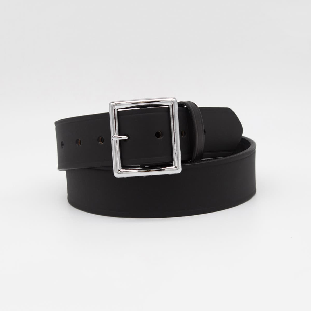 Black belt with a silver buckle on a white background