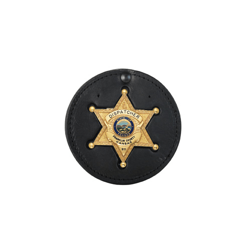 Boston Leather black recessed badge holder showcasing a gold star sheriff badge for dispatchers.