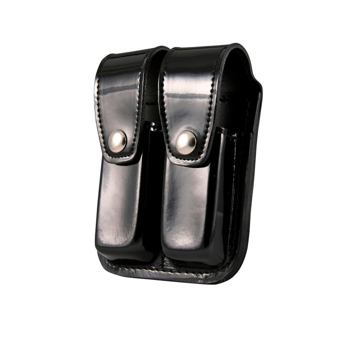 Black leather double magazine pouch with metallic interior on a white background