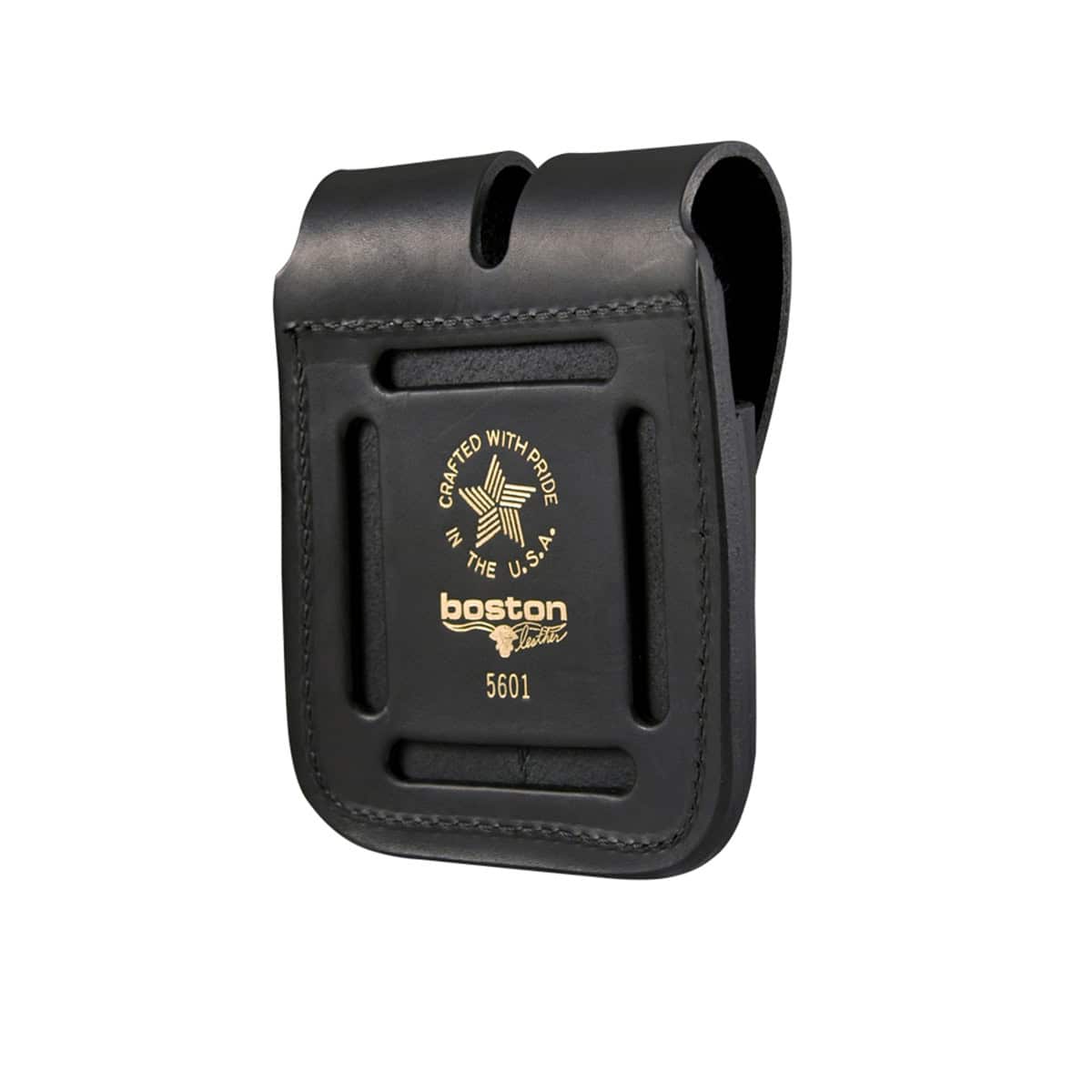 Black leather holster with 'Boston Leather' branding on a white background