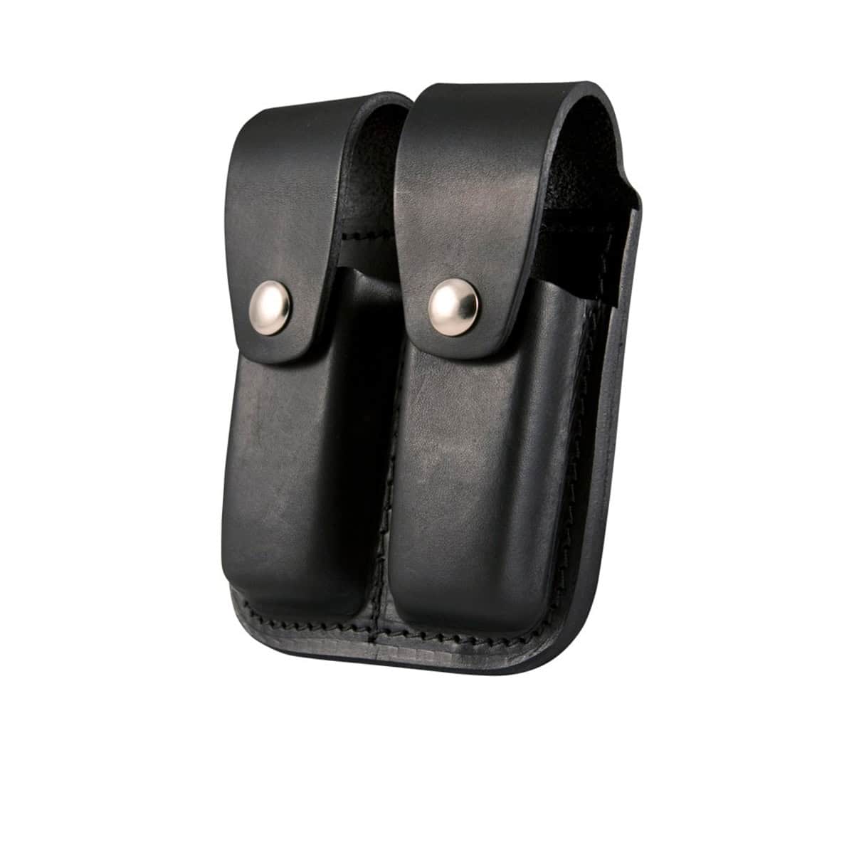 Black leather double pouch with metal clasps on a white background
