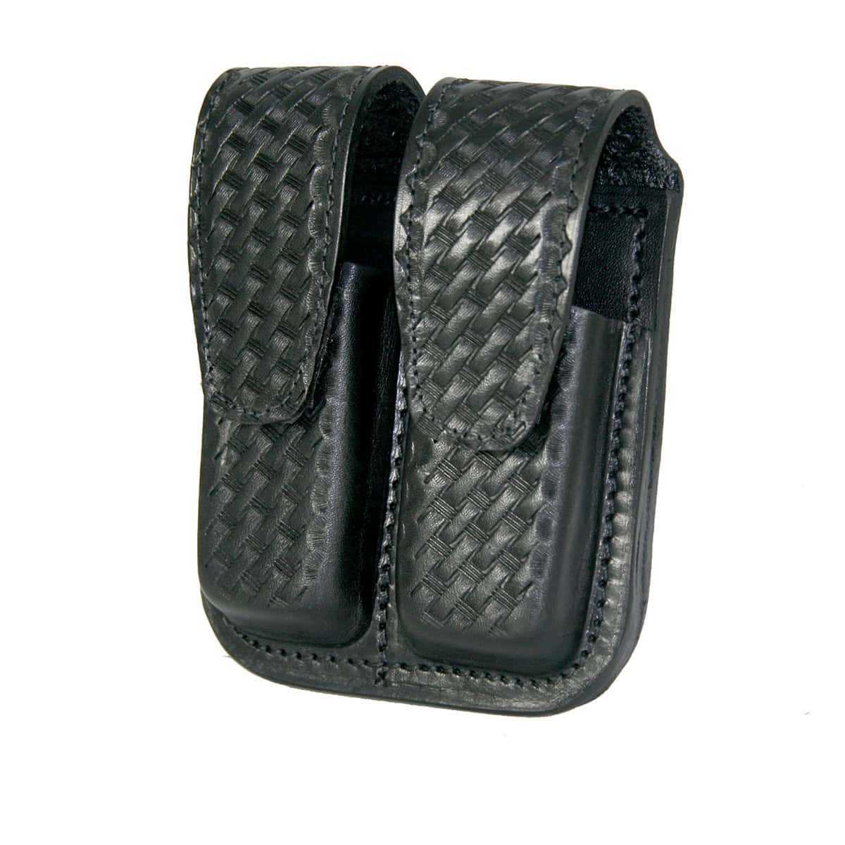Black leather double vertical Boston Leather 5601 Double Mag Holder 9mm .40 Duty Belt Pouch with woven pattern on a white background