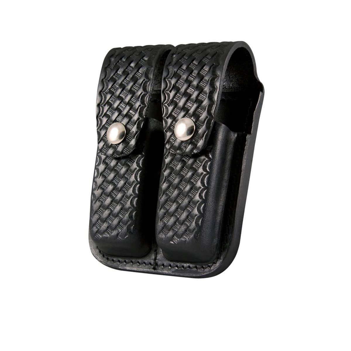 Black leather double magazine pouch with textured surface on a white background