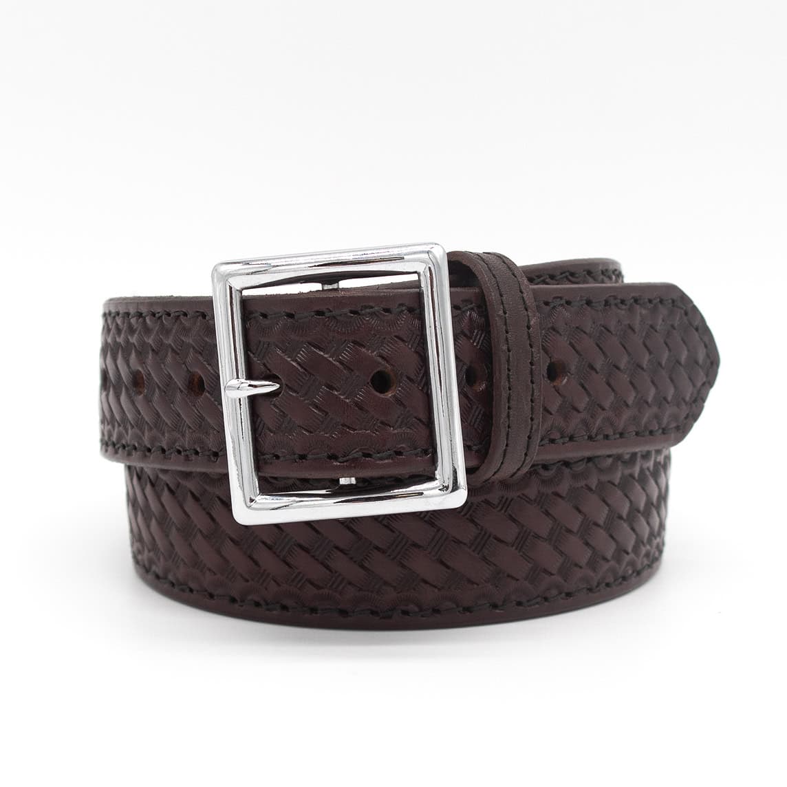 Boston Leather 6505L fully lined garrison belt in cordovan basketweave full grain leather, front view with nickel buckle