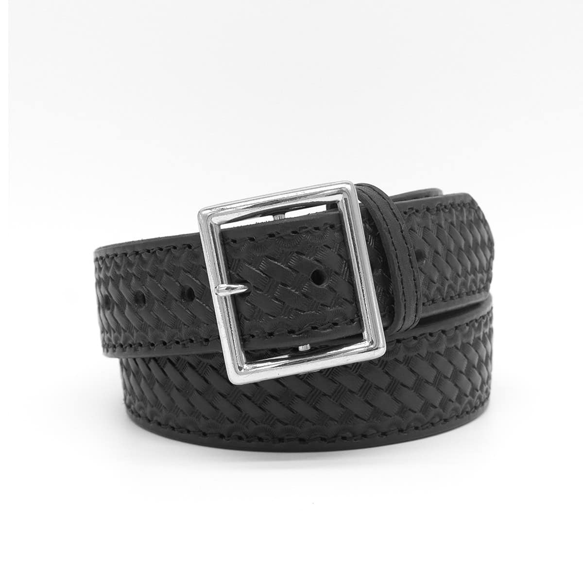 Boston Leather 6505L fully lined garrison belt in black basketweave full grain leather, front view with nickel buckle