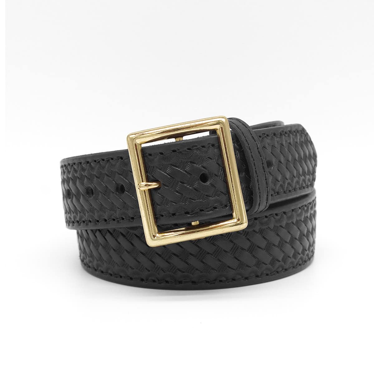 Boston Leather 6505L fully lined garrison belt in black basketweave full grain leather, front view with brass buckle