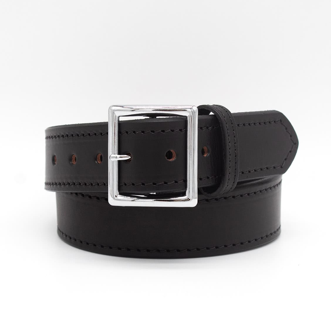 Boston Leather 6505L fully lined garrison belt in black plain full grain leather, front view with nickel buckle