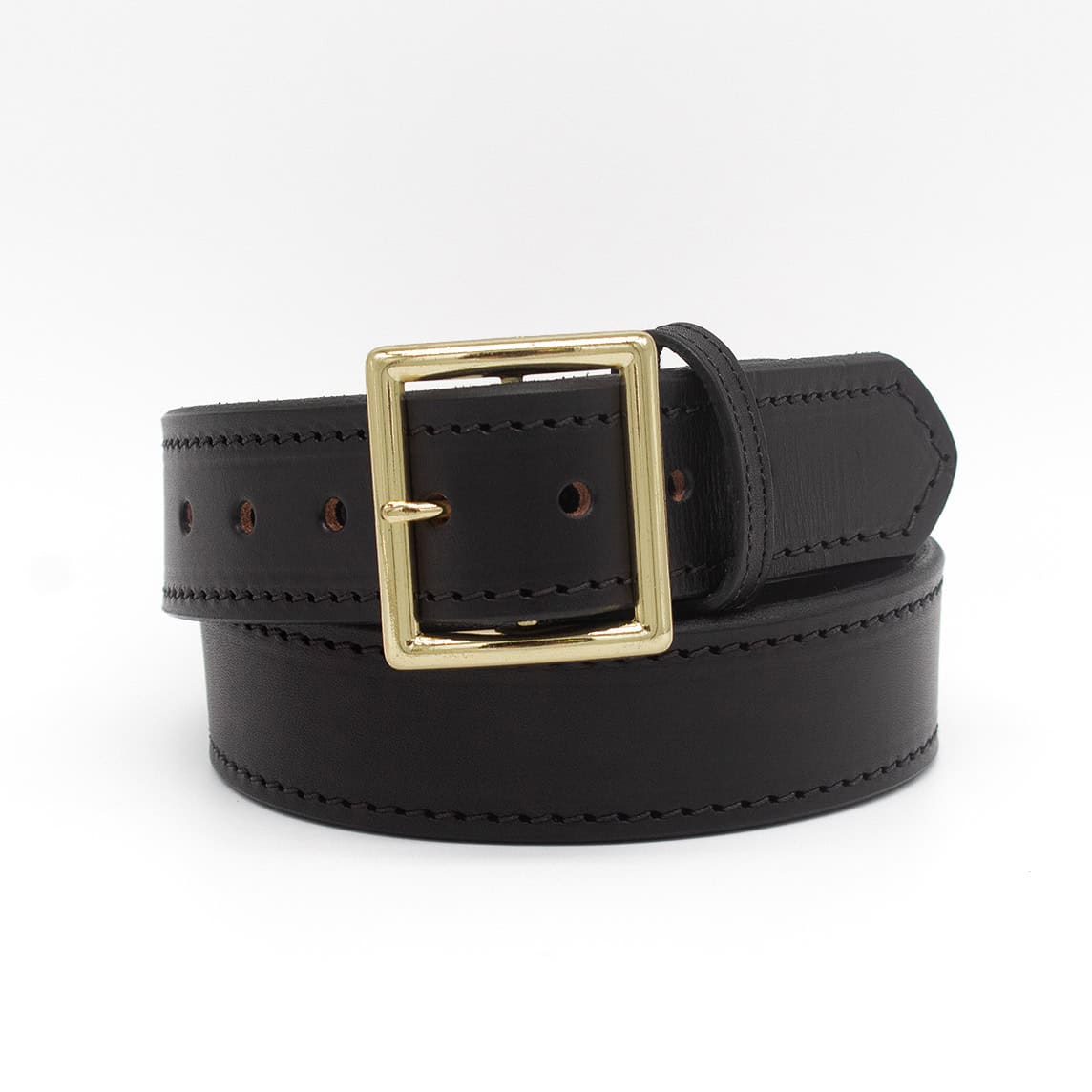 Boston Leather 6505L fully lined garrison belt in black plain full grain leather, front view with brass buckle