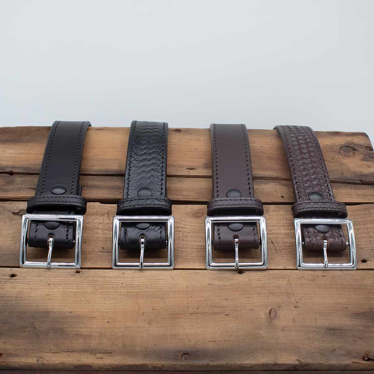 Boston Leather 6505L fully lined garrison belt, detail view of English Bridle leather construction and stitching