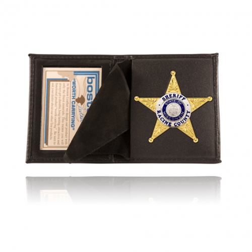 Boston Leather Book Style Badge Case with sheriff badge and ID window, showcasing a suede flap and removable badge insert.