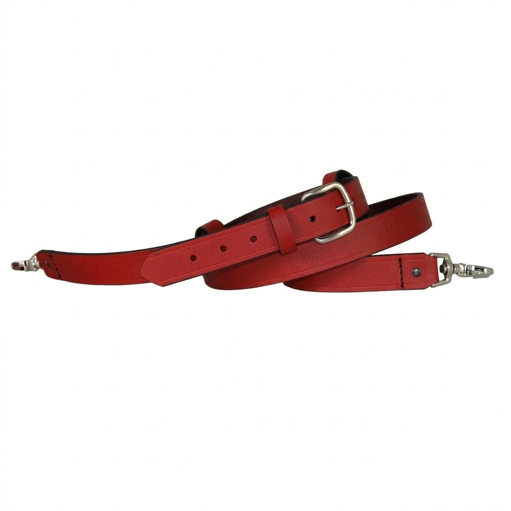 Boston Leather 6543 radio strap in red leather with silver nickel hardware and mic loop