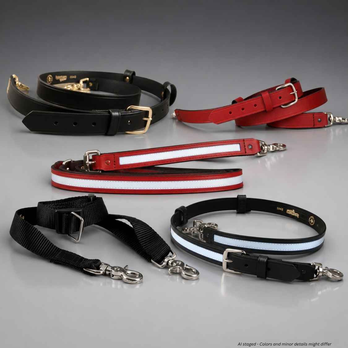 Boston Leather Firefighter's Radio Strap 6543 shown in black, red, and cordovan leather with mic loops