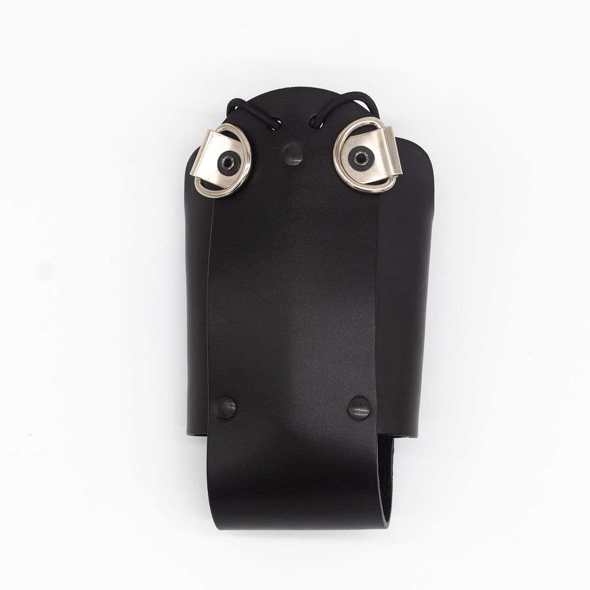 Boston Leather 5481RCE radio holder in black leather, back view showing D-rings for strap attachment