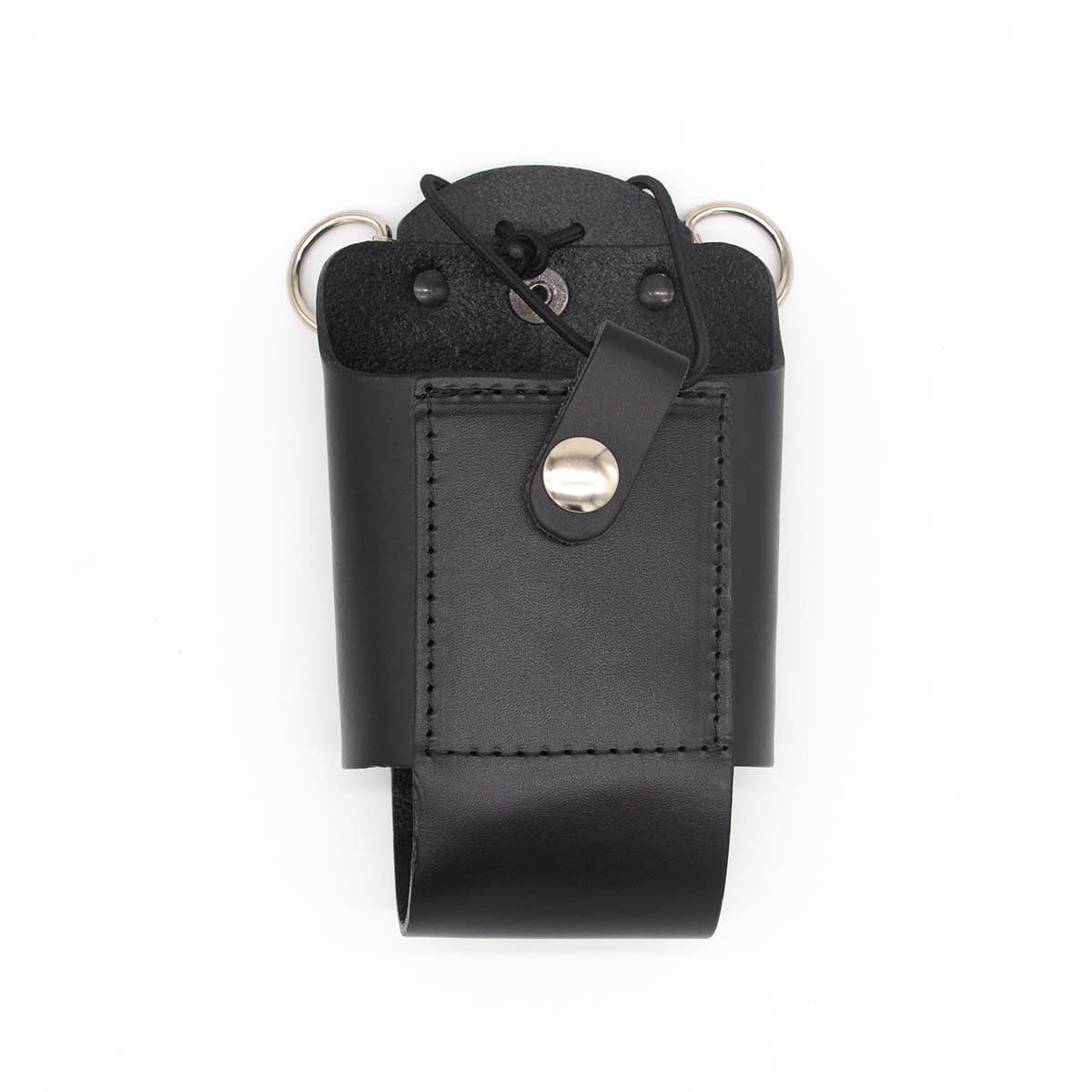 Boston Leather 5481RCE radio holder in black leather, detail of adjustable elastic strap and snap closure
