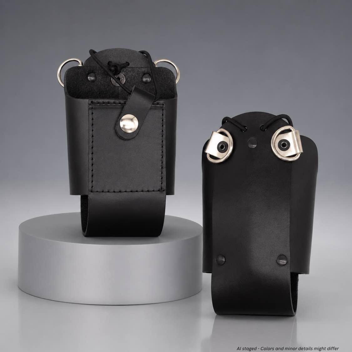 Boston Leather 5481RCE firefighter universal radio holder in black leather, front view with elastic top strap