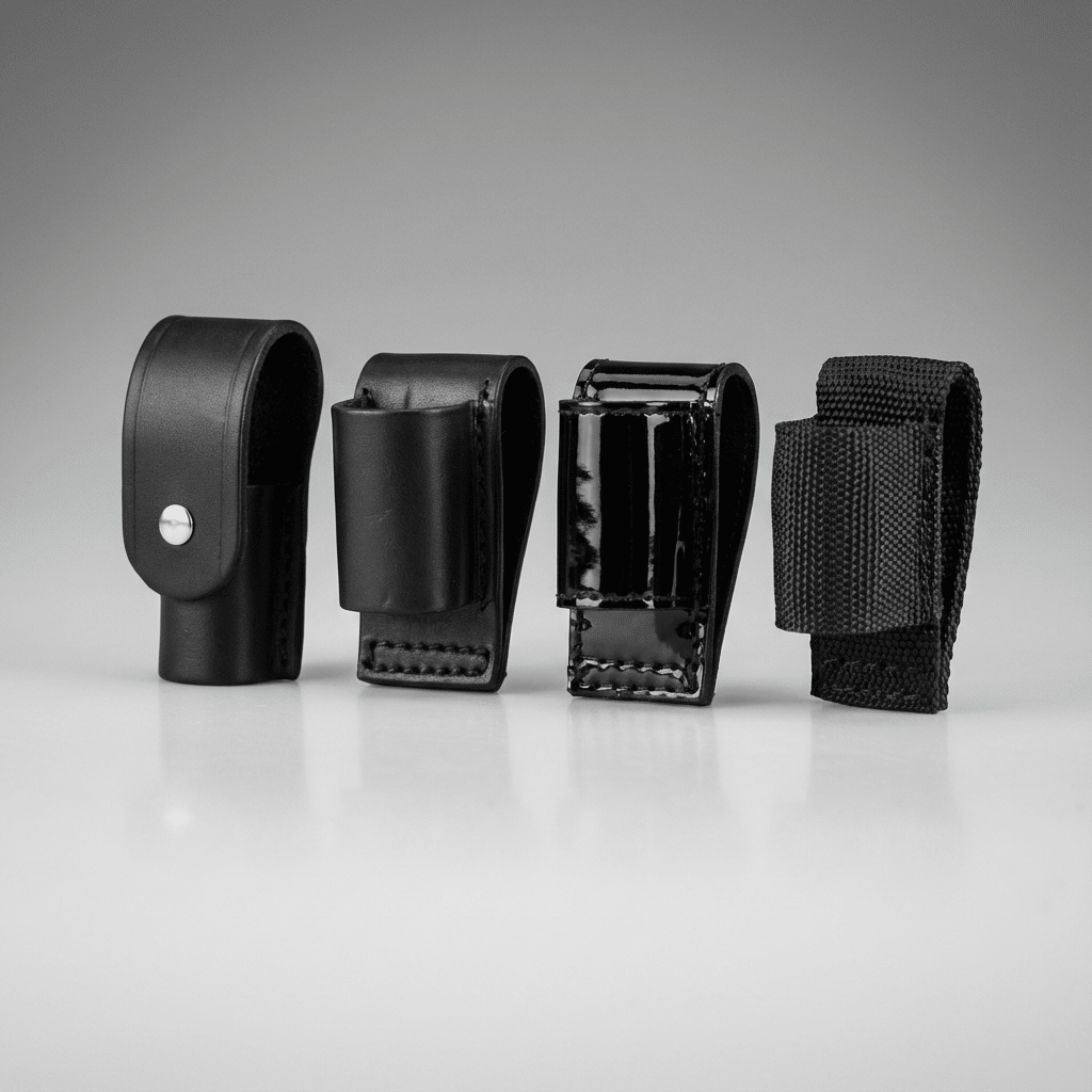 Set of black nylon and leather flashlight loop holders on a gray background