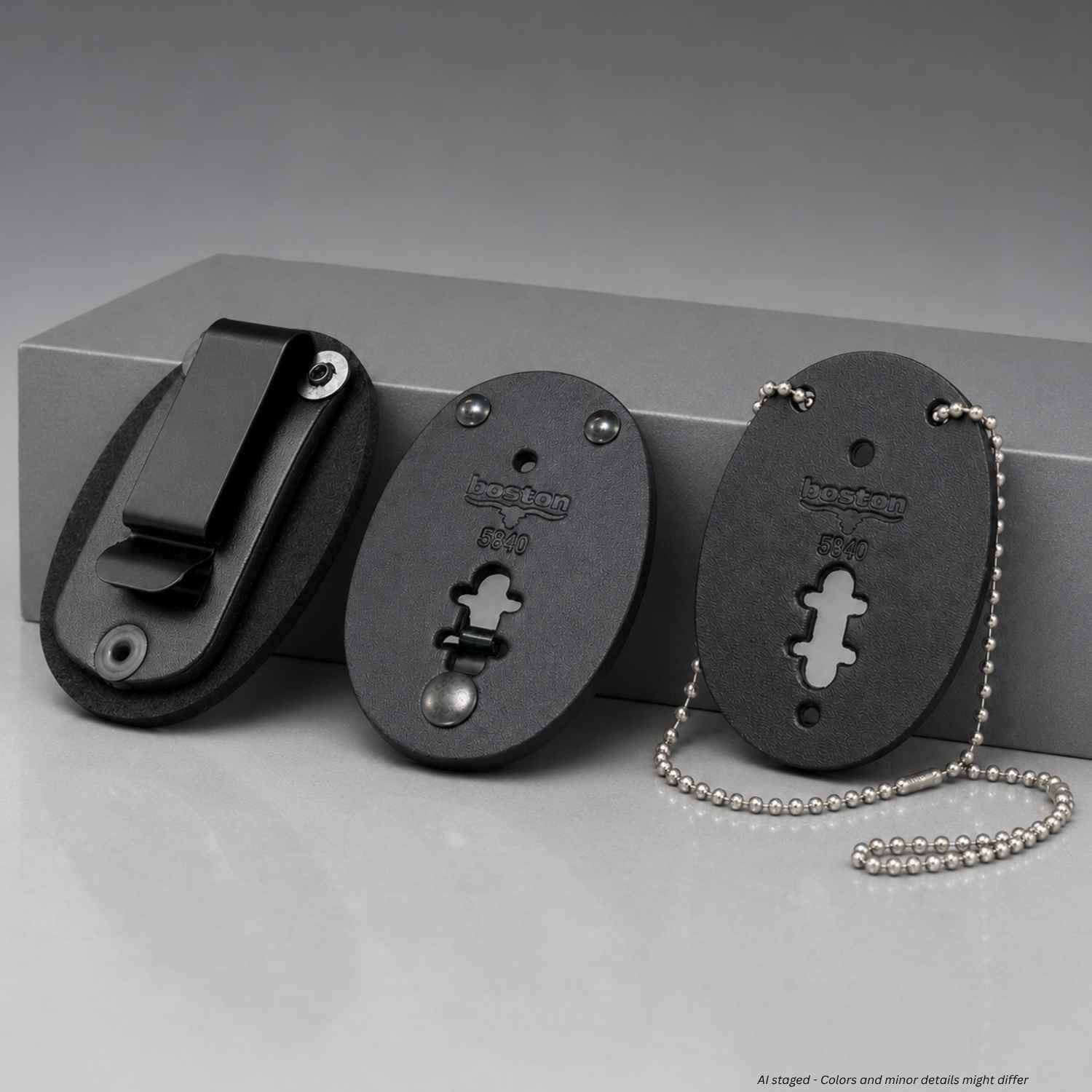Boston Leather Oval Badge Holder with 30" Chain or Belt Clip 5840 shown on a gray studio background