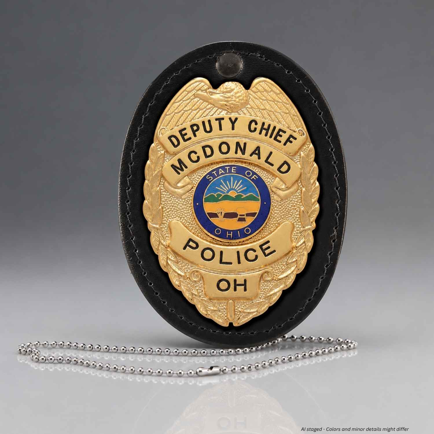 Boston Leather 5888CH-1 black oval badge holder with neck chain and sample police badge
