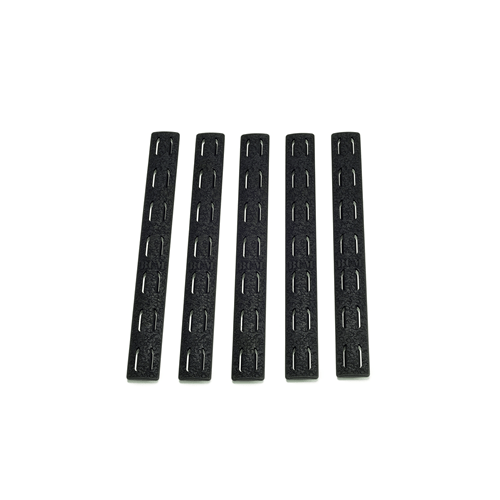 Bravo Company USA KeyMod 5.5'' Rail Panel Kit with five black polymer strips, designed for optimal grip and customization.