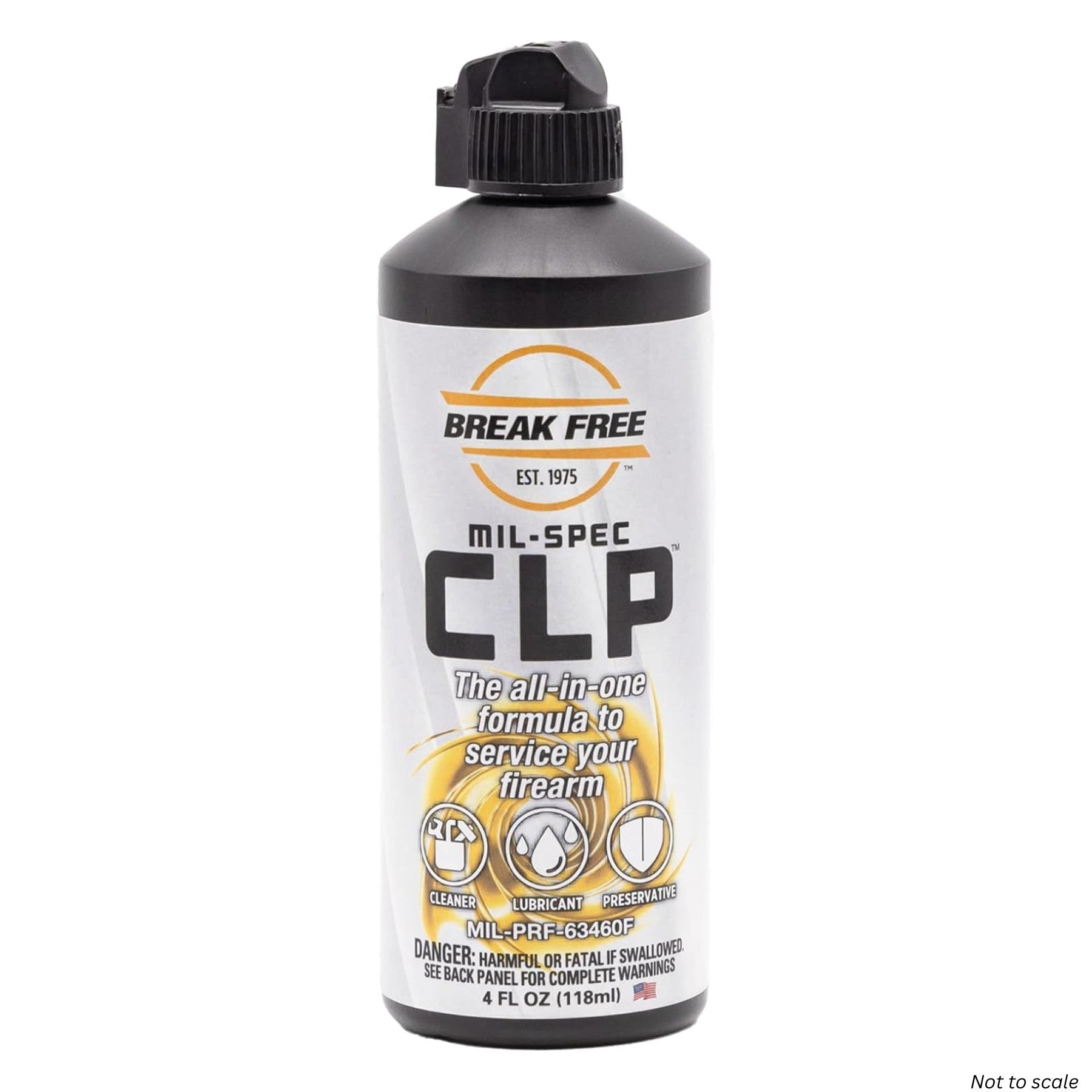 Bottle of Break Free Mil-Spec CLP on a white background