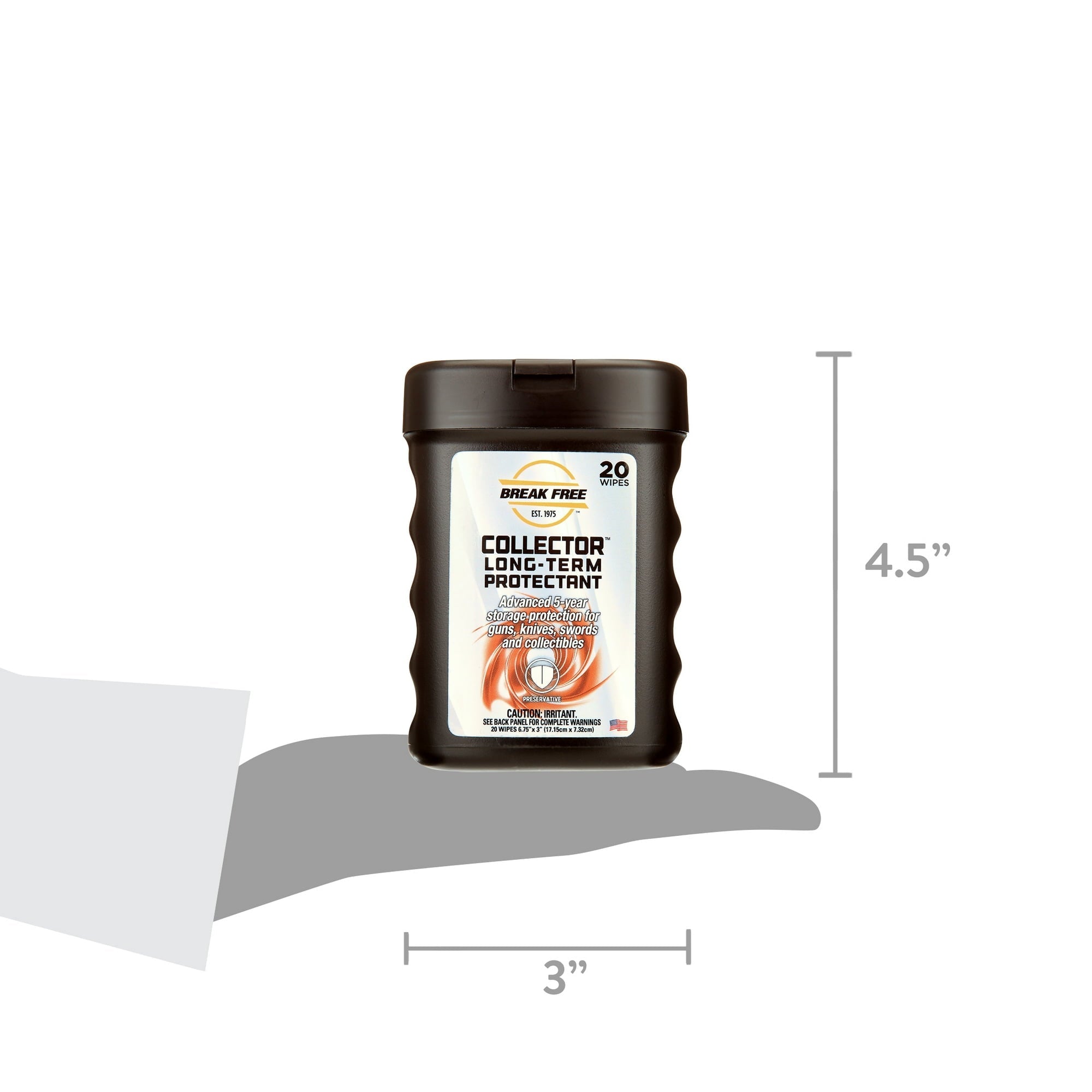 Container of 'Collector Long-Term Protectant' with dimensions on a white background