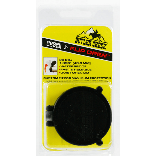 Butler Creek Objective Cover packaging showcasing waterproof and easy-open lens protection for hunters and shooters.