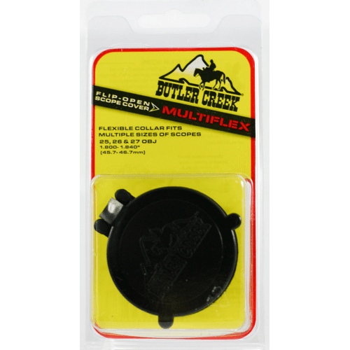 Butler Creek Objective Cover with flexible collar, fits multiple scope sizes for optimal lens protection.