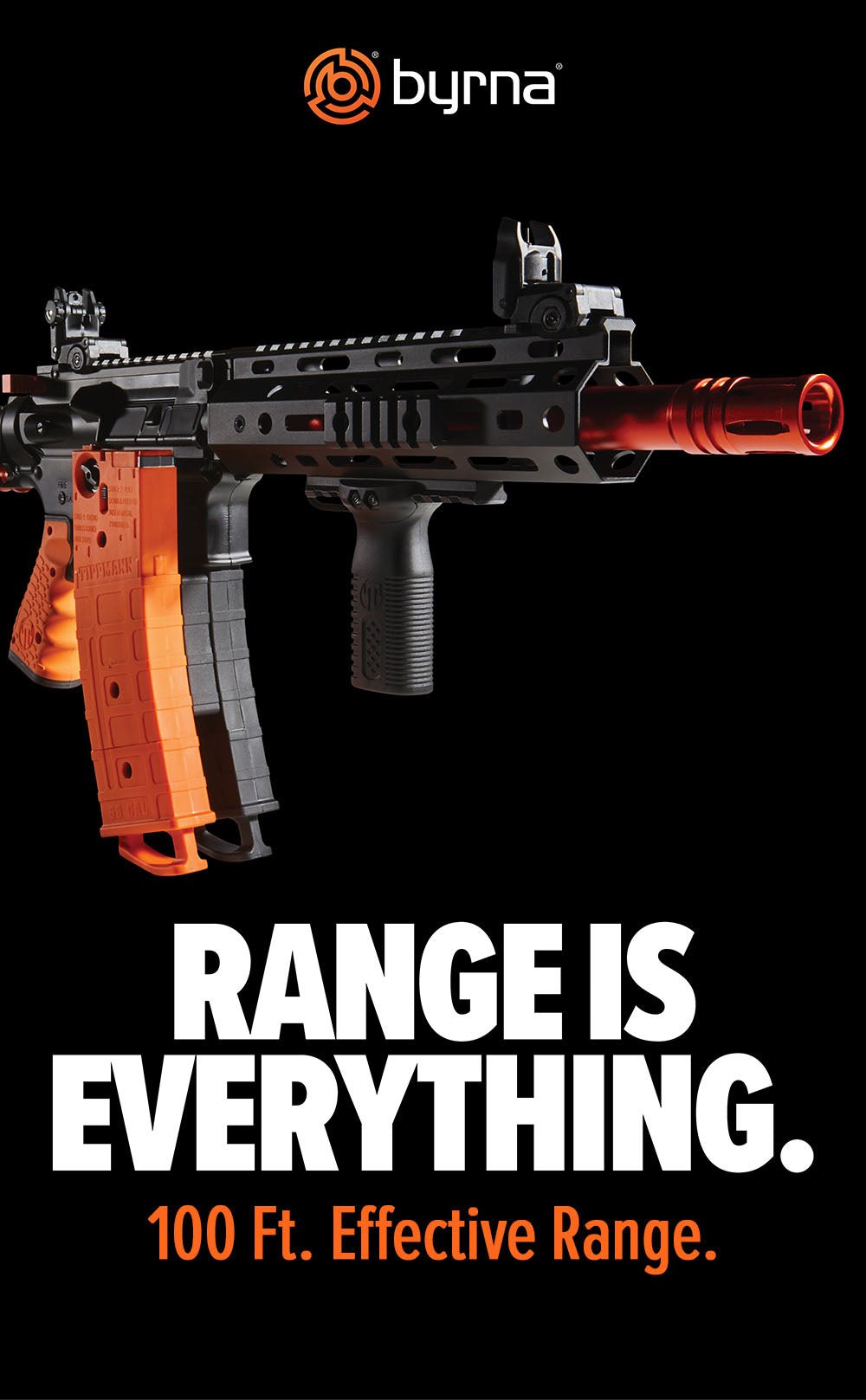 Byrna Mission-4 launcher graphic with the text: Range is everything. 100 ft. effective range.