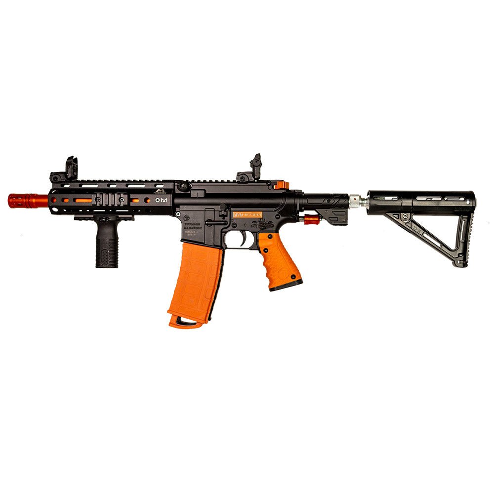 Black and orange rifle on a white background