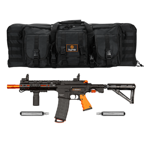Black tactical rifle with orange accents and a black carrying case on a white background